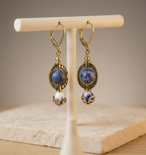 Lapis and Blue/White bead in Gold Bead Frame