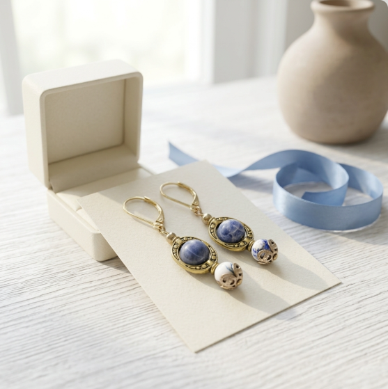 Lapis and Blue/White bead in Gold Bead Frame