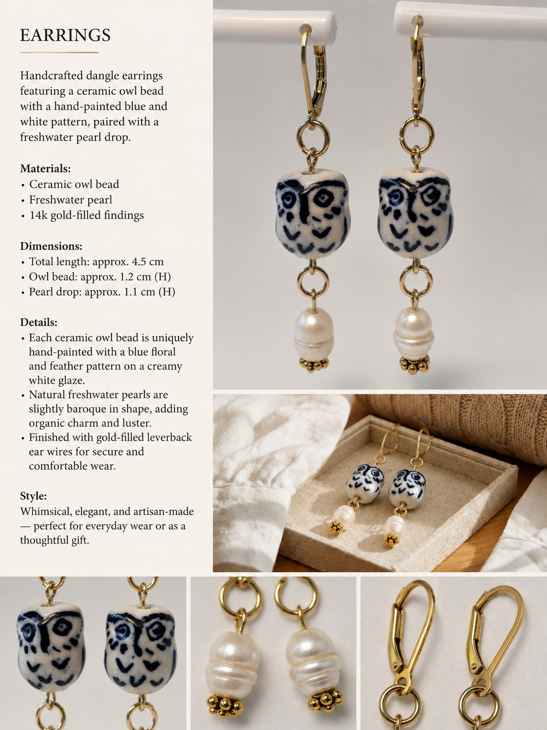 Porcelain Owl Earrings with Fresh Water Pearls