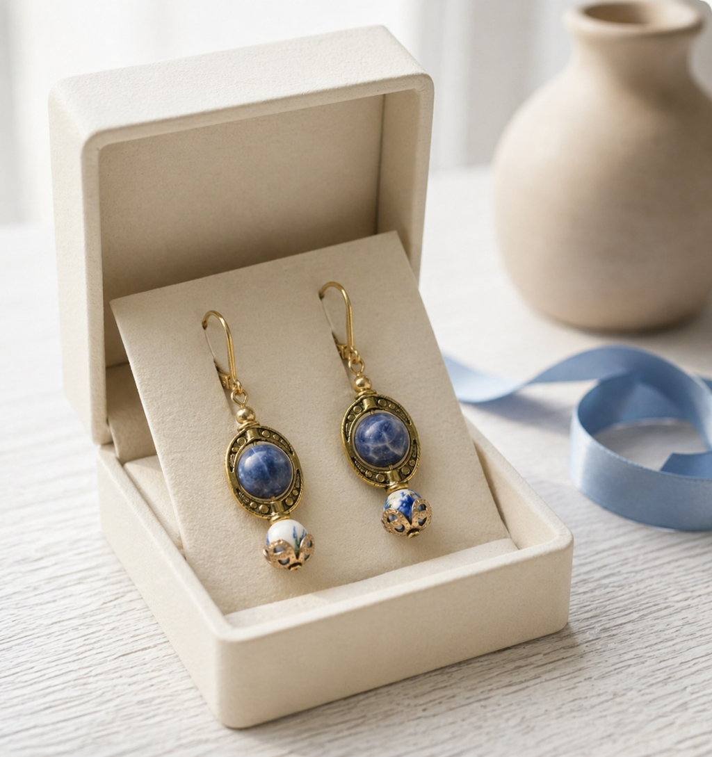 Lapis and Blue/White bead in Gold Bead Frame