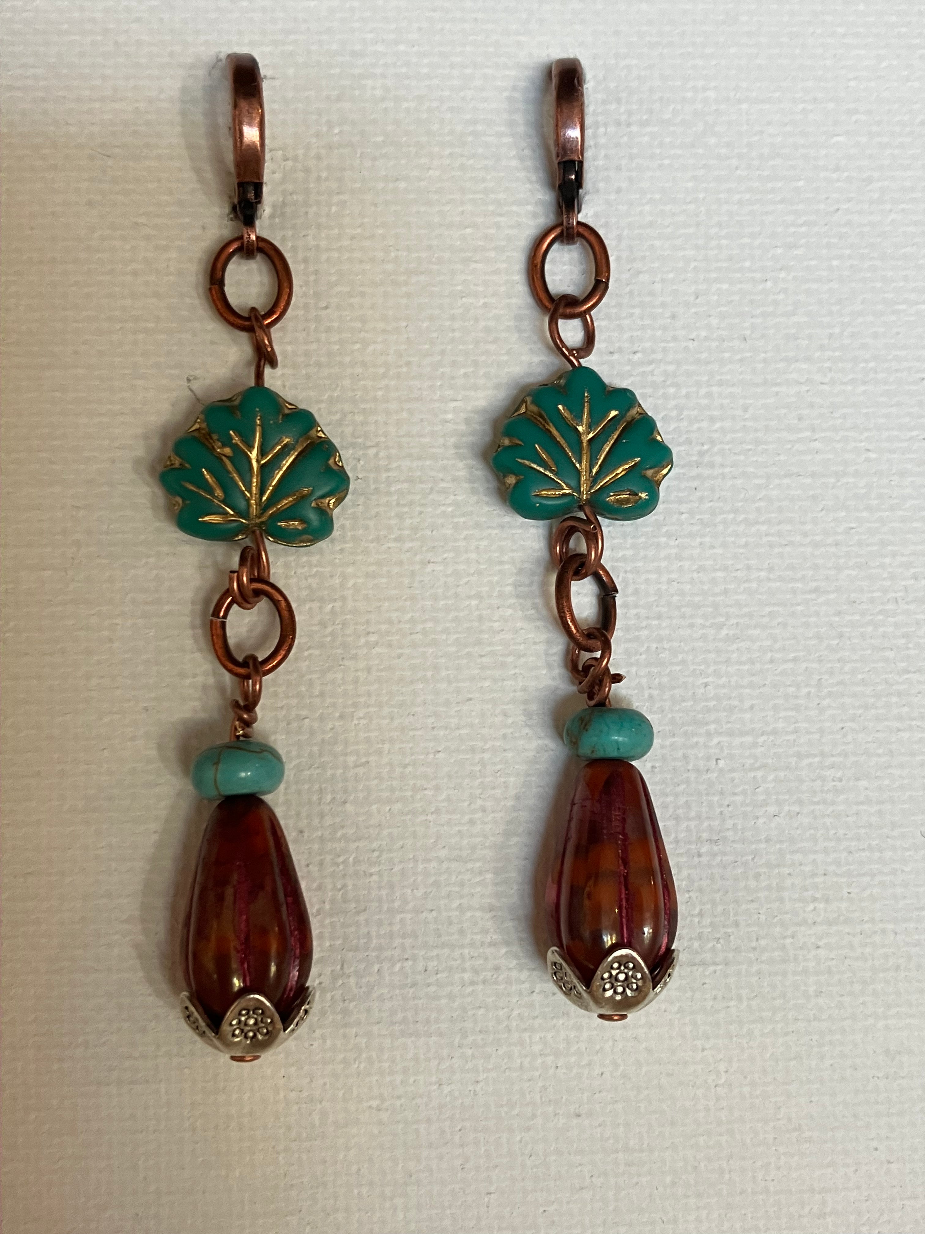 Turquoise Czech Glass Maple Leaf Drop Earrings