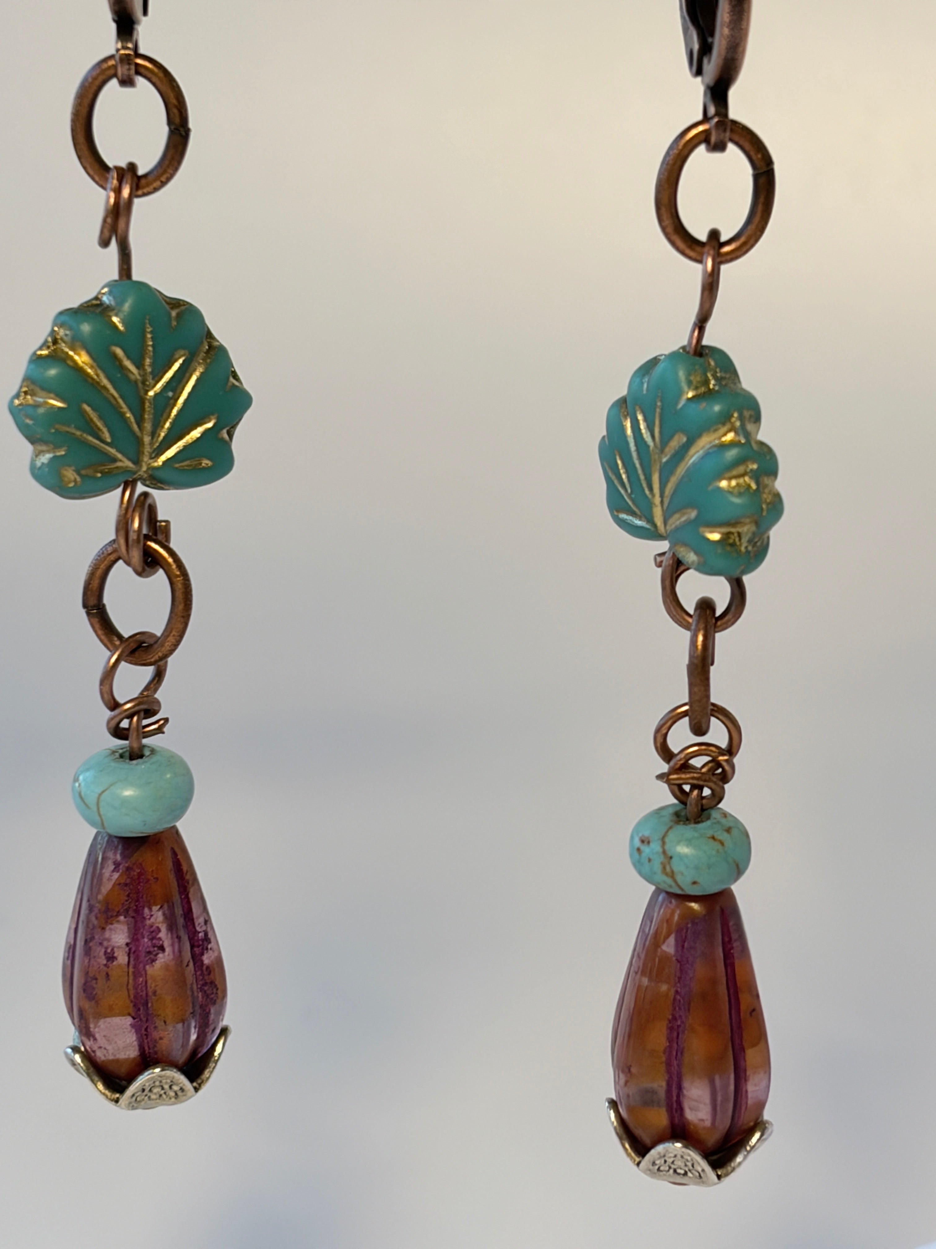 Turquoise Czech Glass Maple Leaf Drop Earrings