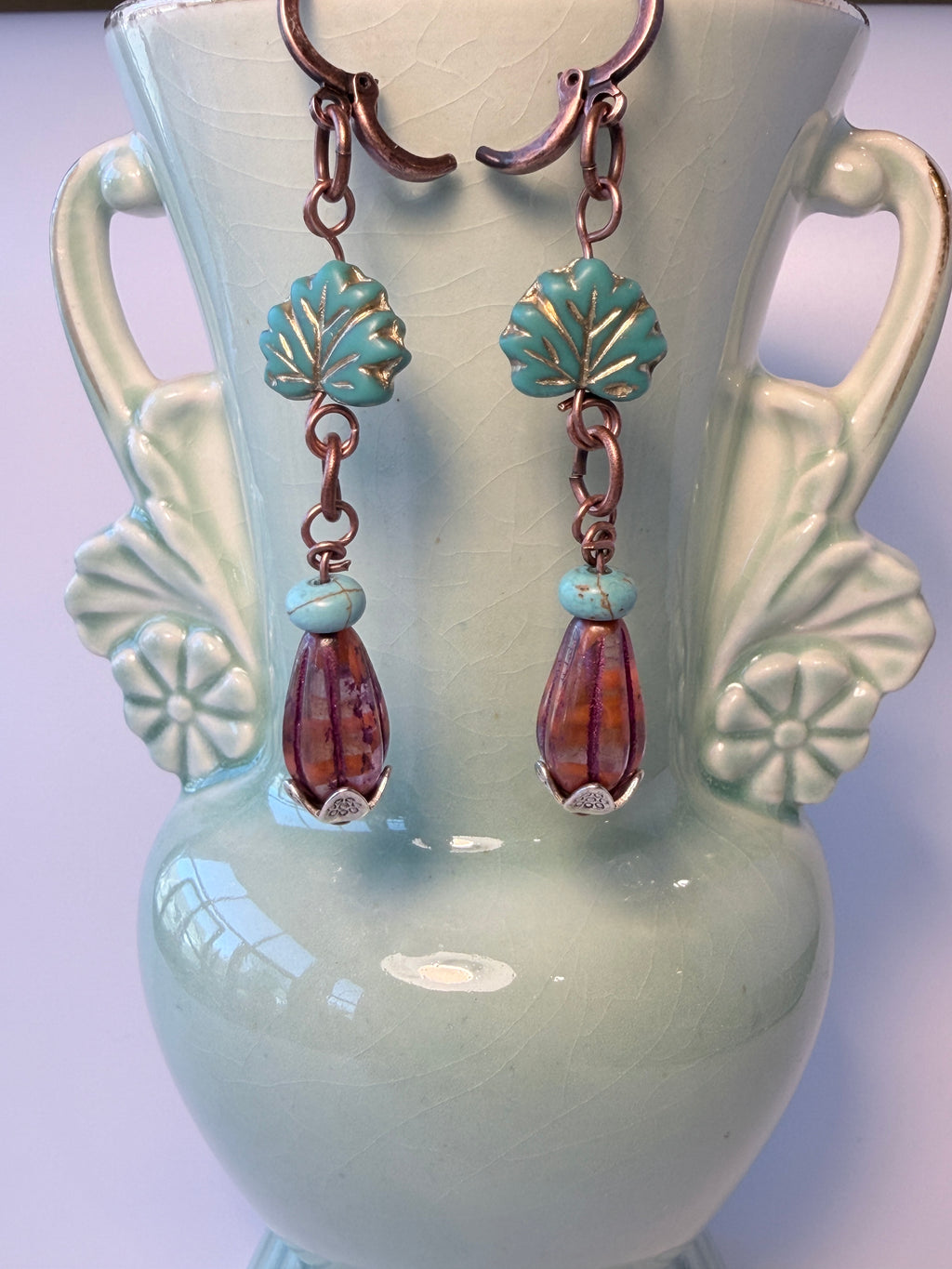 Turquoise Czech Glass Maple Leaf Drop Earrings