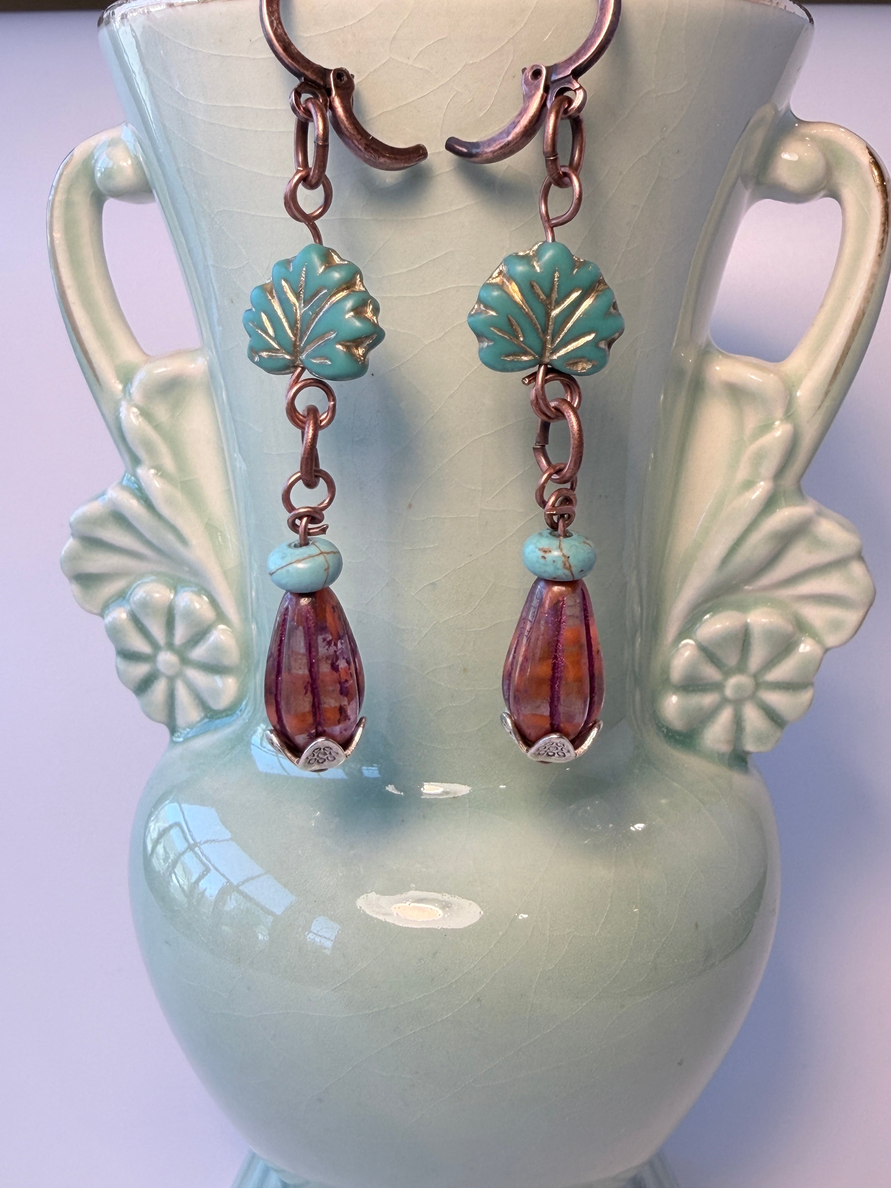 Turquoise Czech Glass Maple Leaf Drop Earrings