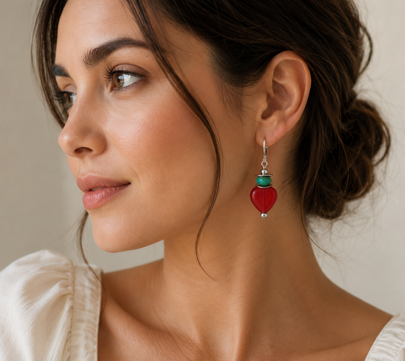 Luminous Red Heart Drop Earrings with Turquoise Beads