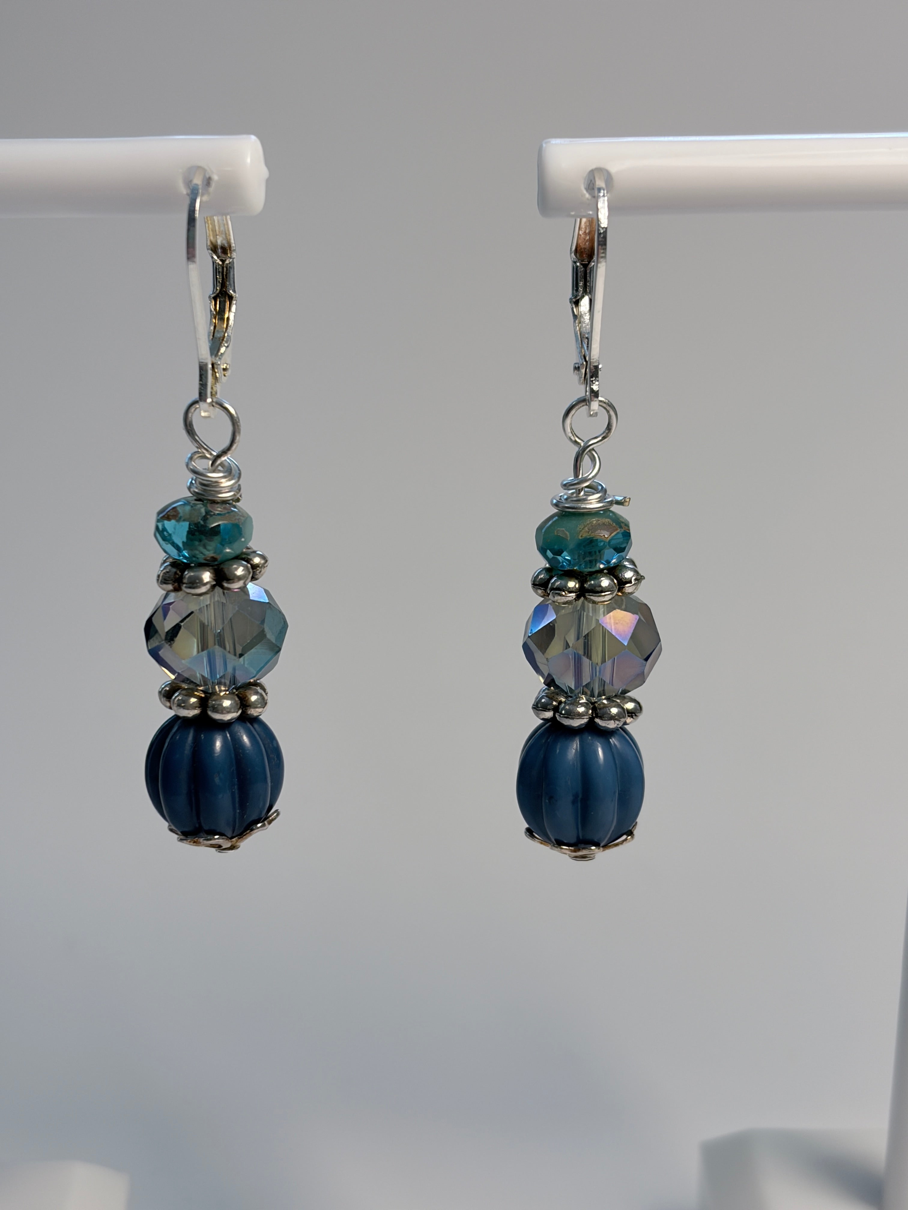 Turquoise Colored Crystal & Blue Melon Bead Drop Earrings