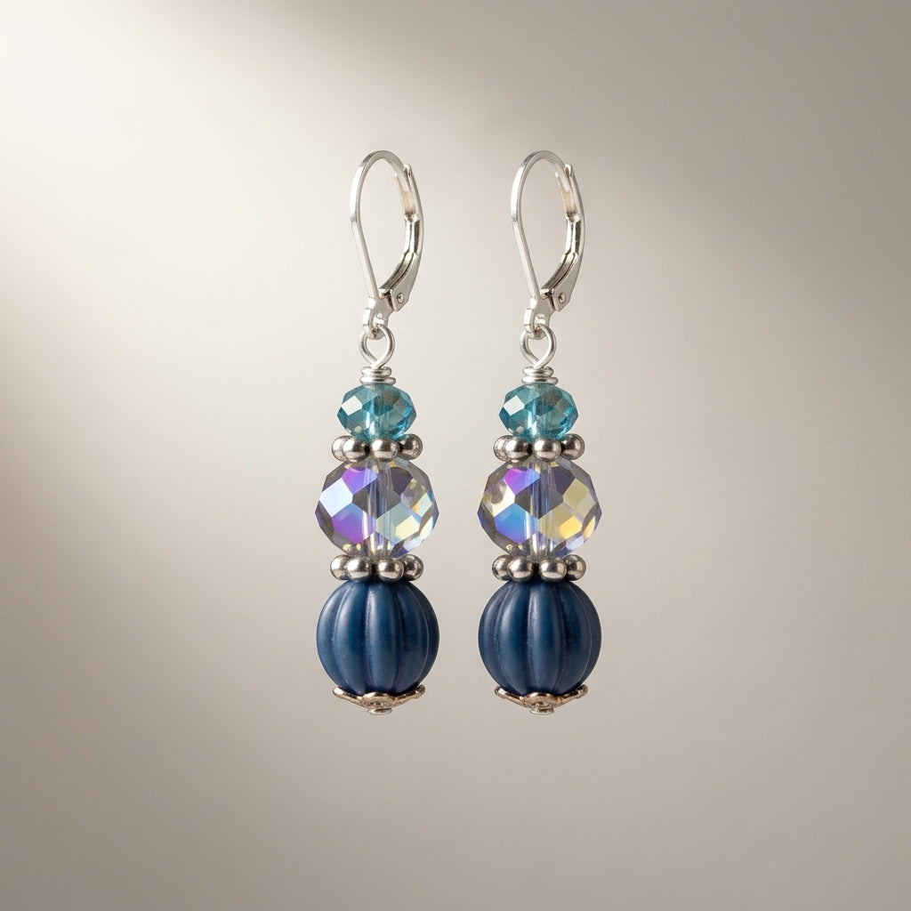 Turquoise Colored Crystal & Blue Melon Bead Drop Earrings