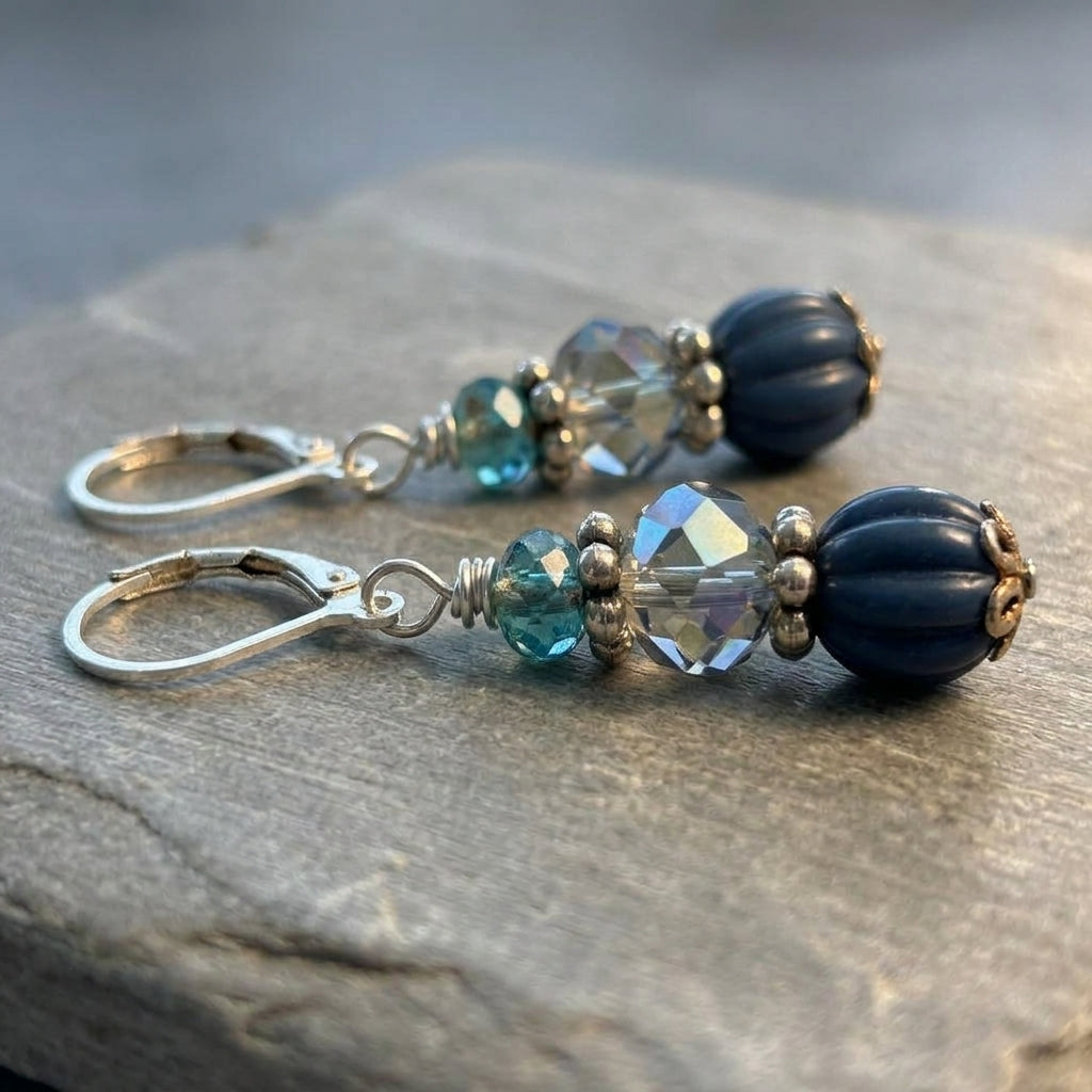 Turquoise Colored Crystal & Blue Melon Bead Drop Earrings