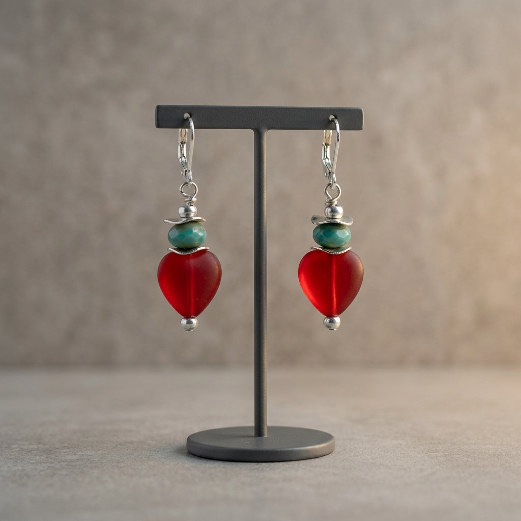 Luminous Red Heart Drop Earrings with Turquoise Beads