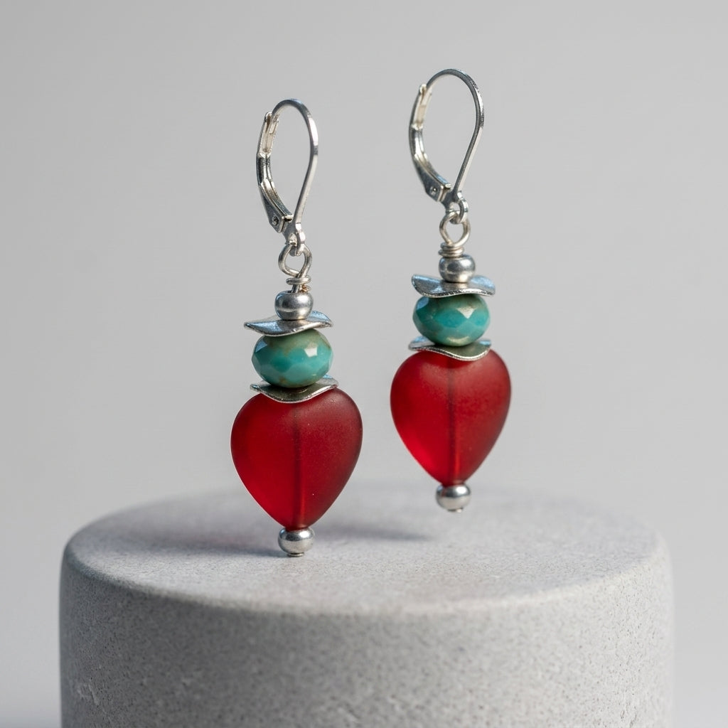 Luminous Red Heart Drop Earrings with Turquoise Beads