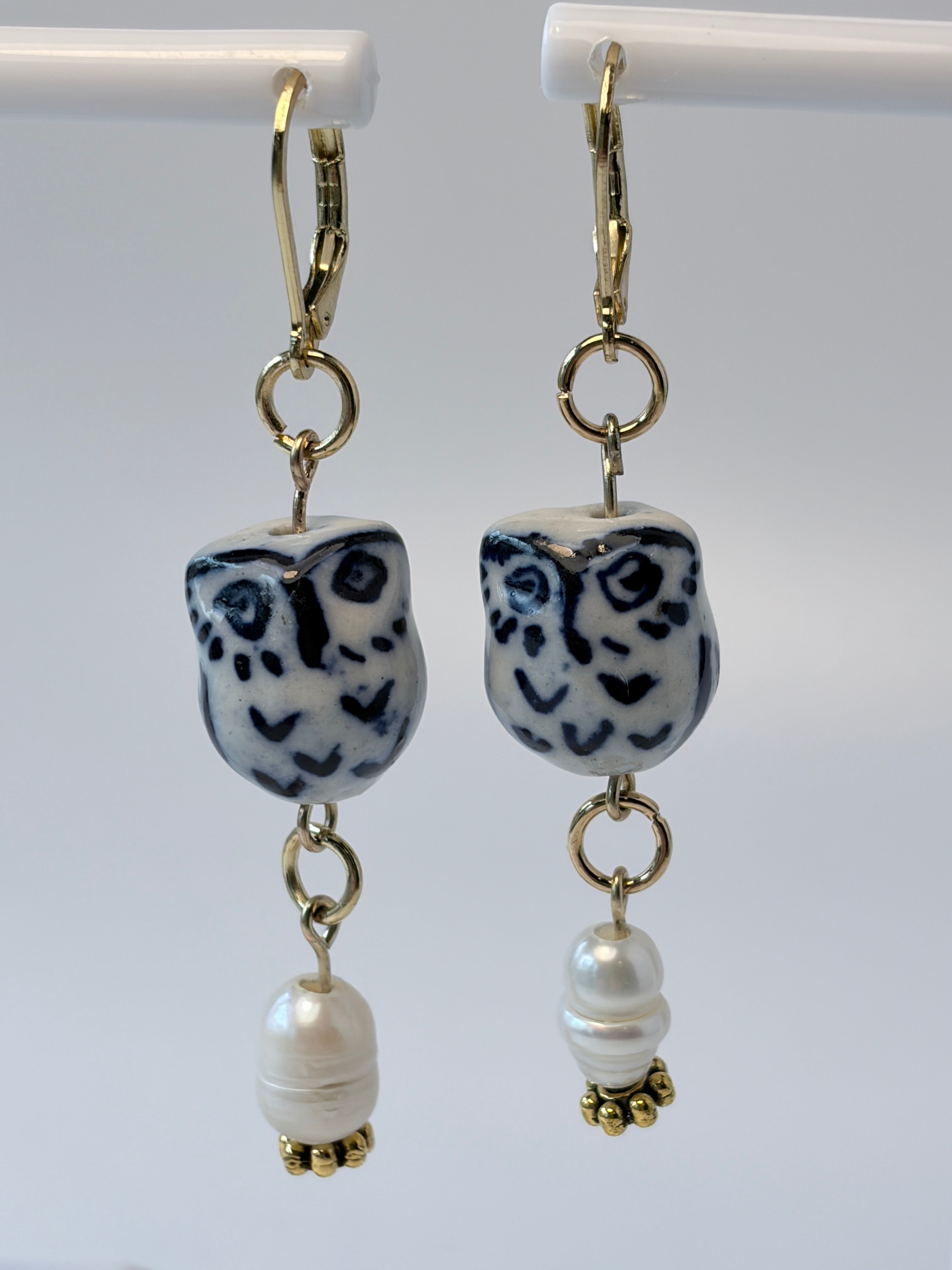 Porcelain Owl Earrings with Fresh Water Pearls