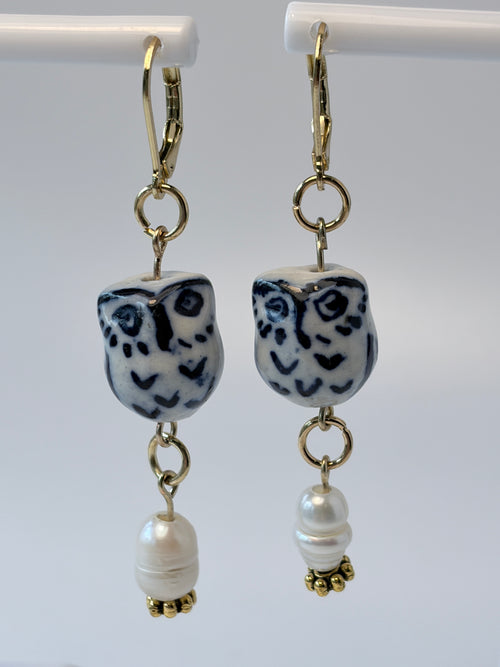 Porcelain Owl Earrings with Fresh Water Pearls