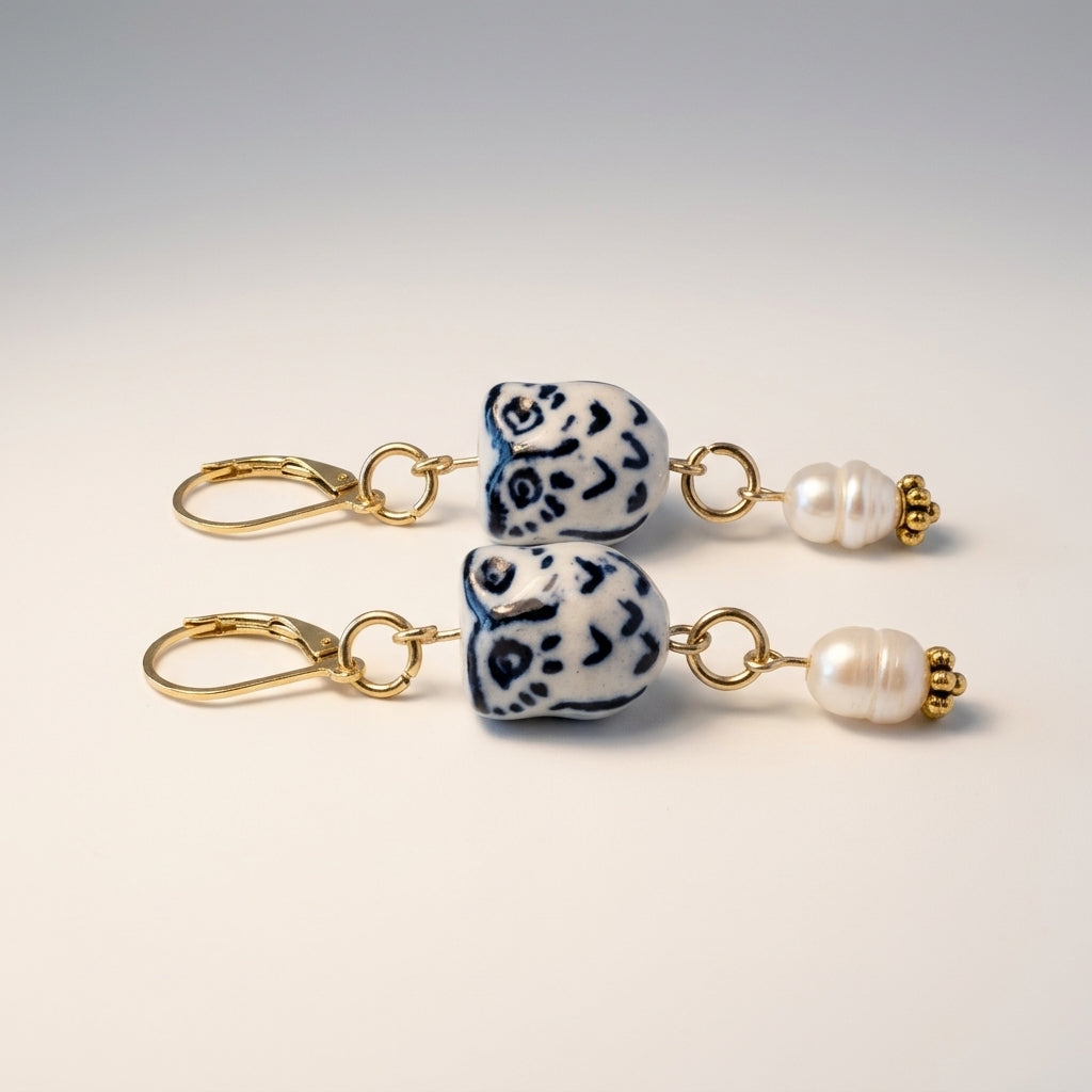 Porcelain Owl Earrings with Fresh Water Pearls