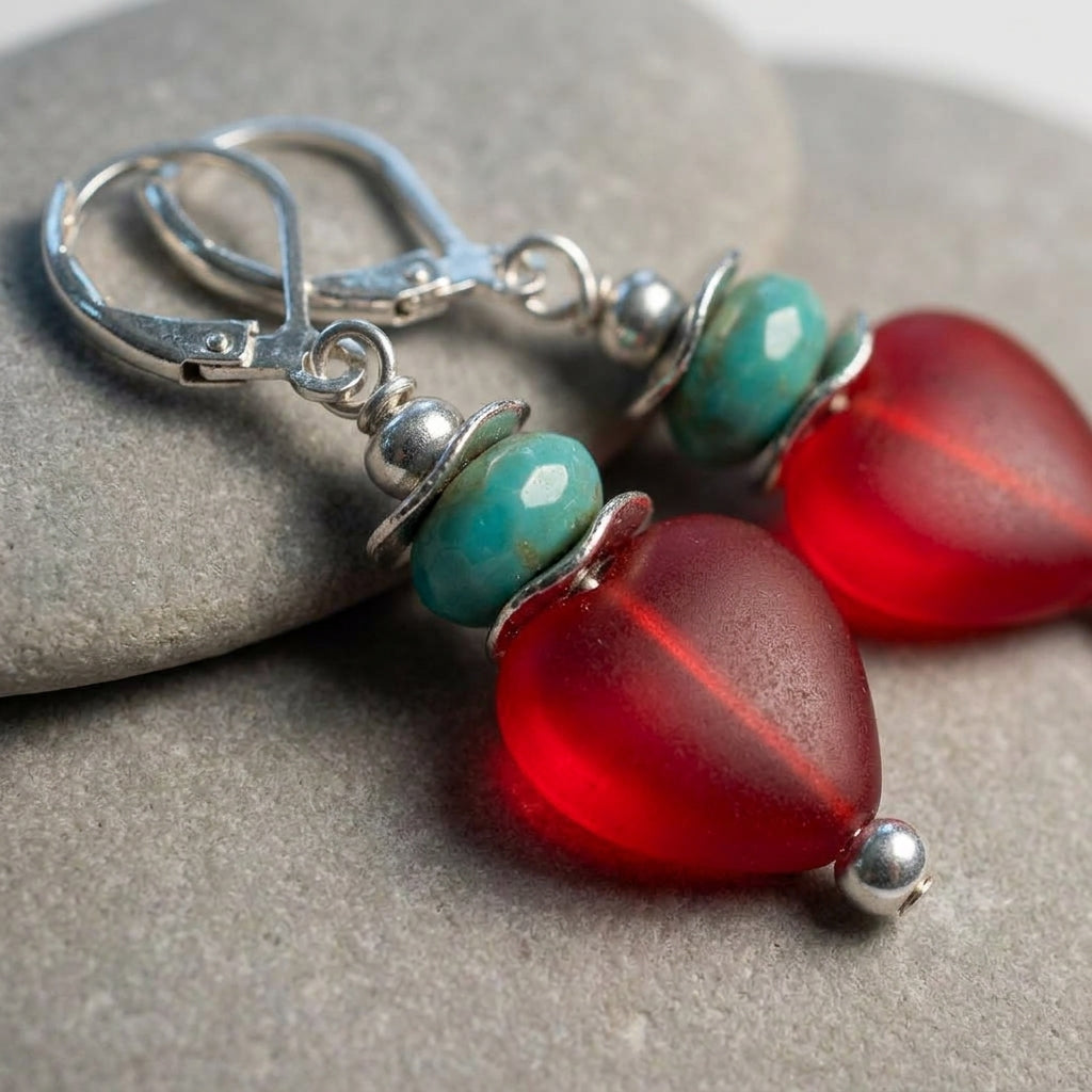 Luminous Red Heart Drop Earrings with Turquoise Beads