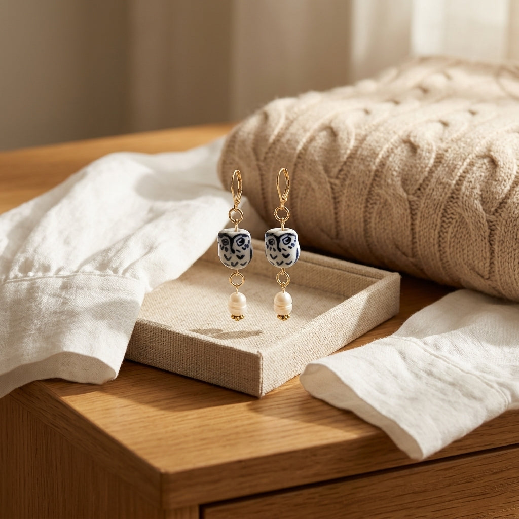 Porcelain Owl Earrings with Fresh Water Pearls